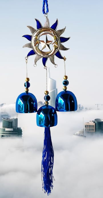 Image of Evil Eye Wind Chime Sunmoon Chakra with 3 Bells Blue for Home & Office Wall Hanging for Home Protection | Car Hanging | Brings Positive Vibes & Removes Negative Energy | Turkish Evil Eye Wind Chime
