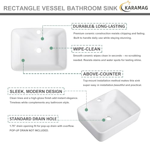 KARAMAG Vessel Sink 19"x15" Bathroom Sink Modern Above Counter Rectangular 19 Inch Bathroom Sinks with Faucet Hole White Porcelain Ceramic Bathroom Sinks by KARAMAG - Image 8