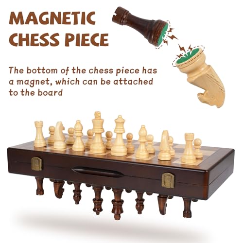 2 in 1 Magnetic Chess Set and Checkers Board Game Set 15\" Wooden Folding Chess Board with 2 Extra Queens Travel Chess Sets Family Board Game Gift for Kids, Adults Portable Elegant Classic Chess Game