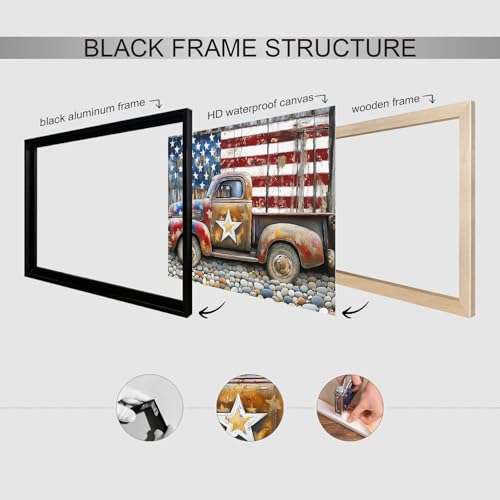 Image of American Flag Canvas Wall Art, 4th of July Patriotic Poster Print, USA Flag And Truck Artwork Picture, Vintage Independence Day Wall Decor for Bedroom Living Room 24x36in Framed