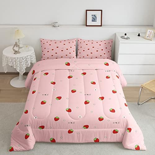 Erosebridal Cute Strawberry Comforter Set Queen Kawaii Japanese Bedding Set, Red Reversible Soft Sweet Cartoon Fruit Duvet Set for Girls Kids Gift Pink Warm Down Comforter Room Decor
