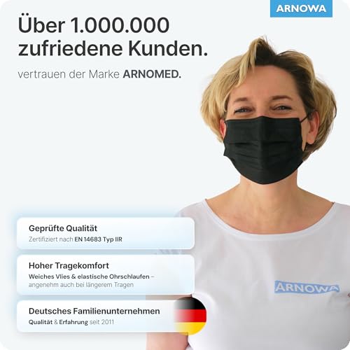 ARNOMED 50x Medizinische Mundschutzmaske Schwarz, CE Zertifizierte Op Maske, Medical Face Mask, Schutzmaske Mund & Nase, Einwegmasken, Chirugischer Mundschutz, Klinische Gesichtsmasken