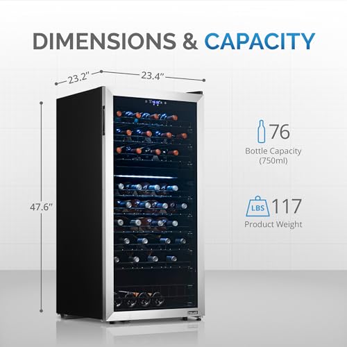 Image of NewAir Freestanding 76 Bottle Dual Zone Compressor Wine Fridge with Low-Vibration Ultra-Quiet Inverter Compressor, Adjustable Racks and Exterior Digital Thermostat