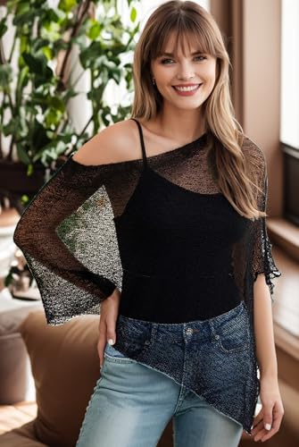 Black Sheer Poncho Shrug Top for Women Lightweight, Women Mesh Poncho for Summer, Mesh Shawl Shrug Pullover Sweater2