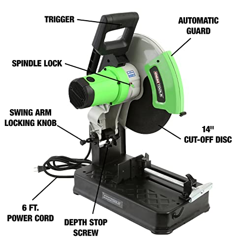 Oemtools 24723 14 Inch Chop Saw, Green And Black Chop Saw For Metal Cutting With Steel Base, Circular Saw Blade For Metal And Wood Projects #TOP3
