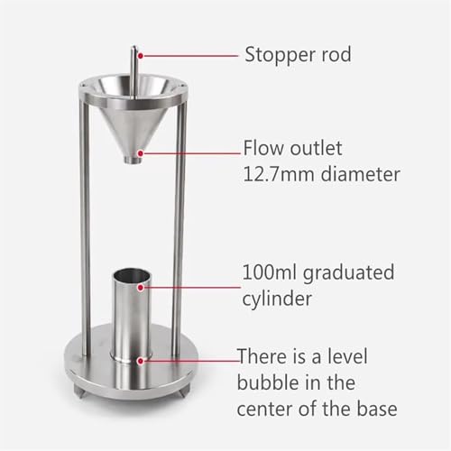 Este densímetro para Polvos, probador de Densidad aparente de Acero Inoxidable, Embudo cónico de 60°, Apertura de 12,7 mm, Ideal para Polvos metálicos y no metálicos.