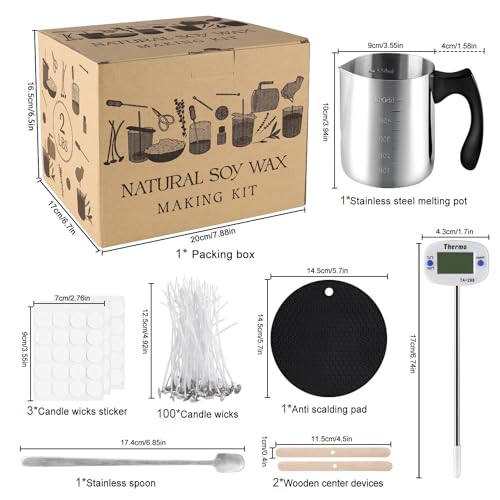 Candle Making Kit with Hot Plate for Melting Wax,Including 2 LB Soy Wax, 600 ML Pouring Pot,5 Inch Wick Cotton,3-Hole Wicks Holder, Wick Sticker,Stirring Spoon,Thermometer,Anti-hot Silicone Mat…