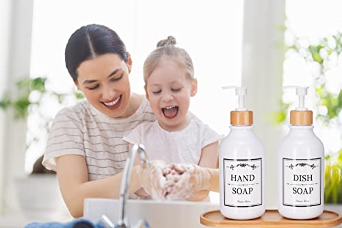 Dish Soap Dispenser For Kitchen Sink - 3 Pack Bathroom Shower Soap Dispenser Bottle Set W. Bamboo Pump And Wood Tray-6 Waterproof Labels Dish And Hand Soap Lotion Shampoo Conditioner Body Wash #TOP6