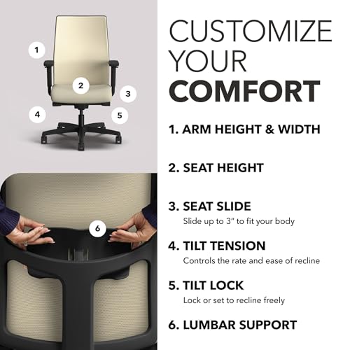 Image of HON Ignition 2.0 Mid Back Task Chair, Spectrum Mesh, Advanced Synchro-Tilt Control, Office Chair with Lumbar Support, Height and Width Adjustable Arms, Black Frame, Linen