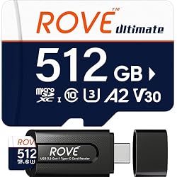 ROVE Ultimate Micro SD Card microSDXC 512GB Memory Card with USB 3.2 Type C Card Reader 512GB 170MB/s C10, U3, V30, 4K, A2 for Dash Cam, Android Smart Phones, Tablets, Games