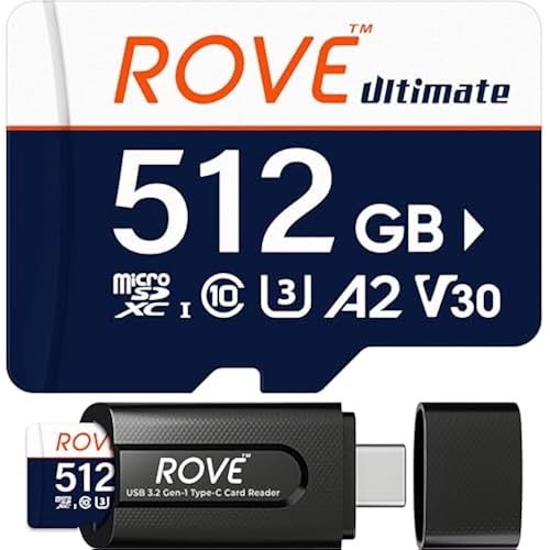 ROVE Ultimate Micro SD Card microSDXC 512GB Memory Card with USB 3.2 Type C Card Reader 512GB 170MB/s C10, U3, V30, 4K, A2 for Dash Cam, Android Smart Phones, Tablets, Games