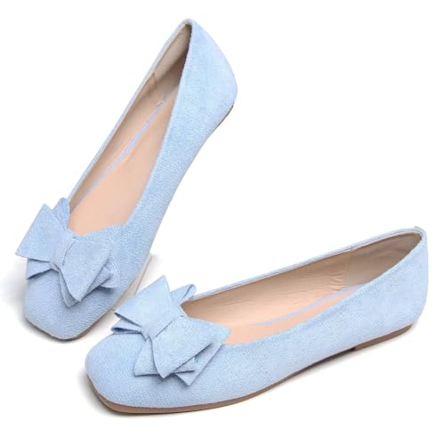 WENJIAZHIZHI Bowknot Ballet Flats Womens Square Toe Bowtie Flat Shoes Suede Dress Shoes Wear to Work Slip On Moccasins4