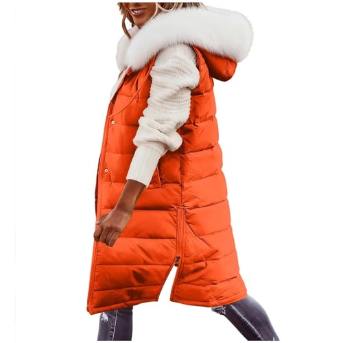 Abrigo con capucha acolchado de longitud media con cuello decorativo extraíble y tapeta de botones, chaqueta de corte estrecho, naranja, S