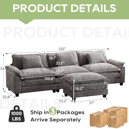 Image of Oprisen 120 inch Modular Sectional Sofa, Comfy Cloud Couch Sectional Sofa with Ottoman, Chenille Sofa Sleeper Deep Seat Sofa with Throw Pillows for Living Room (Light Gray, 120 inch- L Shape)