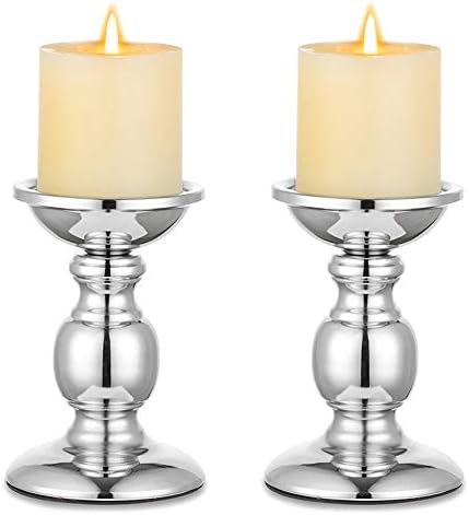 Nuptio Silver Pillar Candle Holders, Wedding Centerpieces Metal Candle Holder for 3inches Candles Stand Decoration Ideal for Weddings Special Events Parties Living Room, 2 Pcs