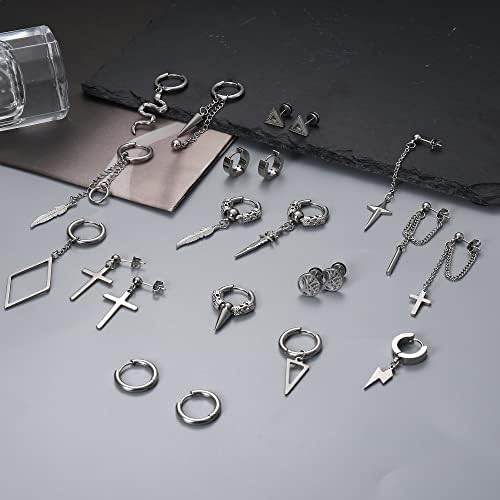Kakonia 22 Pcs Dangle Earrings for Men Stainless Steel Hinged Huggie Hoop Earrings Punk Long Chain Stud Snake Feather Sword Cross Dangle Kpop Earrings for Men Black and Sliver Tone