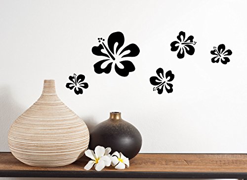 Grandora Klodeckel Aufkleber Hibiskusblüten I schwarz 5er Kreativset I Bad Blüten Blumen Hibiskus Aufkleber Wandaufkleber Wandsticker W916