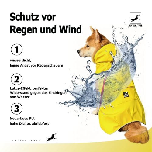 FLYING TAIL Nicht Steif, Super Weiche Haptik Hunde-Regenmantel, Reflektierend, Verstellbar, Einfach zu Tragen, Leinenloch für S - XXXXXL Hunde (Gelb, L)