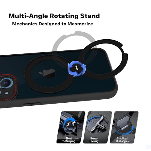 Image of RIGGEAR Shockproof Tough Hybrid Armor 360 Rotating Magnetic Ring Stand Back Cover Case Compatible with MagSafe Accessories for iPhone 14 (Smoke Black Matte PC and Black TPU Bumper)