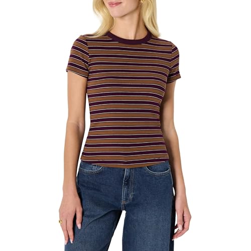 Amazon Essentials Womens Slim-Fit Stretch Rib Short Cap Sleeve Crewneck Top Burgundy Brown Stripe Large