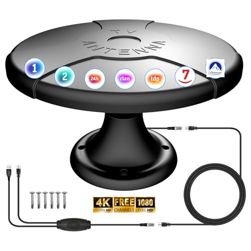 Antena TV para Caravana, Antena TV Digital Inteligente HD para Exterior, Recepción 360°, Recepción Gratuita de Canales Locales, Cable 5m, 4 Tornillos, para Ático, Exterior, Casa, Caravana y Camión
