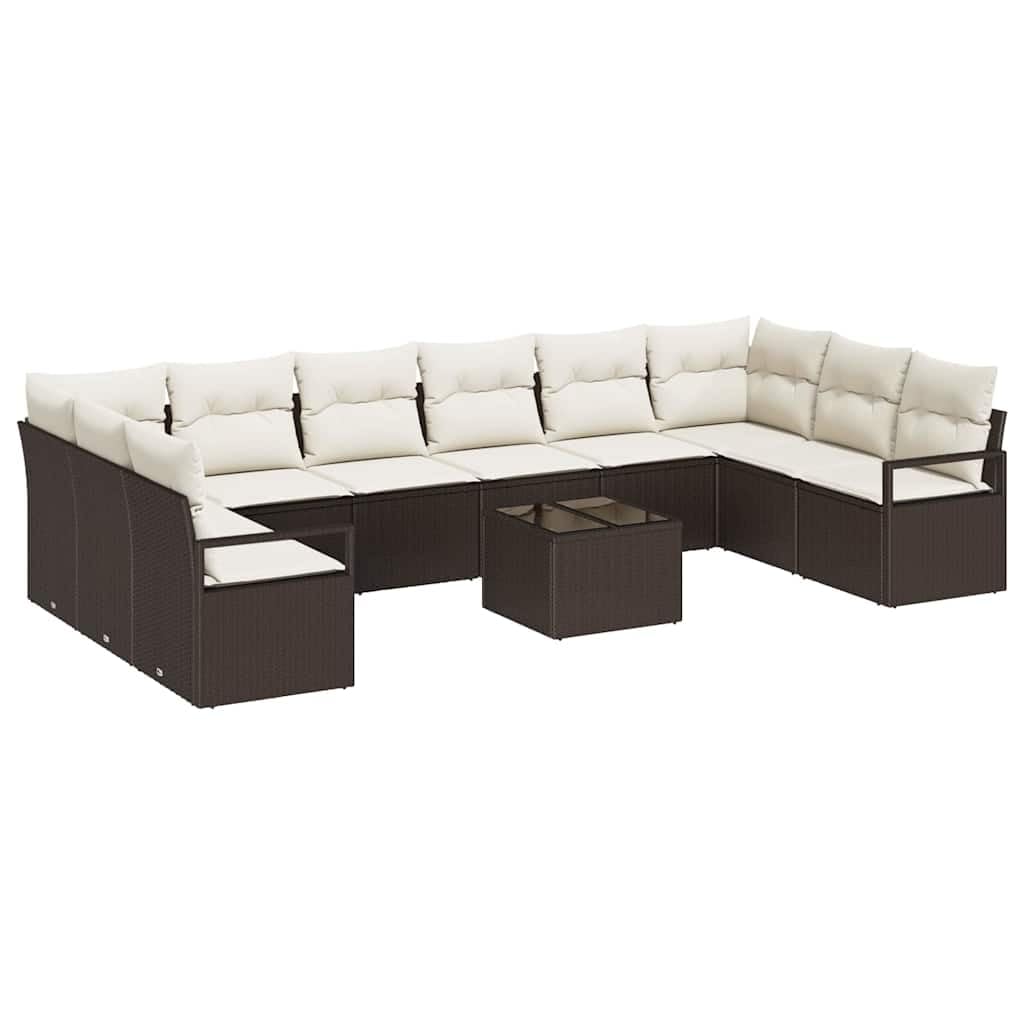 Conjunto de muebles de jardín de 11 piezas de polirratán, modular, con cojines y mesa para 10 personas, terraza y balcón, marrón/crema