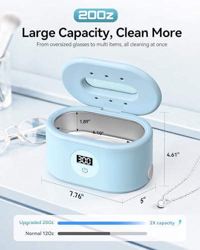 Image of Ultrasonic Cleaner, 48KHz Ultrasonic Jewelry Cleaner with 20oz 304 Stainless Steel Tank, Dual Modes & LED Display - for Jewelry, Eyeglasses, Watches, Dentures, Retainers & More-Light Blue