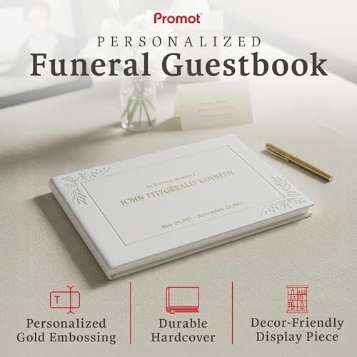 Image of Promot Funeral Guest Book for Memorial Service- Guest Book for Funeral Celebration of Life Decorations, in Loving Memory Guestbook Set with Wide-Ruled Pages, Custom Gold Foil Embossed Text (White)