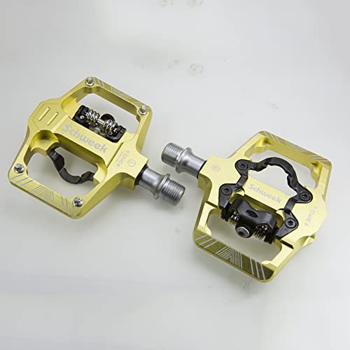 Mtb Mountain Bike Pedals Flat Platform Pedals Compatible With Spd 9/16" Dual Function Sealed Clipless Pedals With Cleats For Mountain Spin Bike, Yellow #TOP6