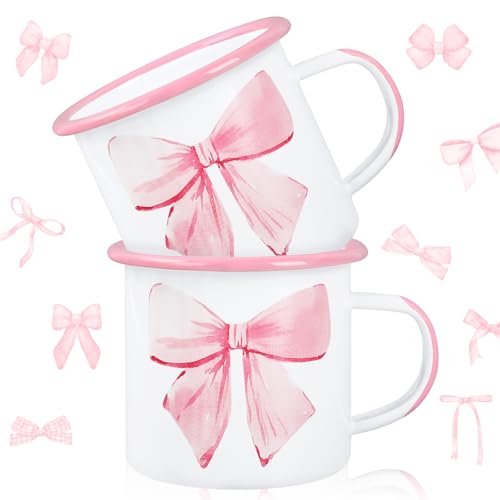 Tazas de café esmaltadas mini 12 Oz con moño rosa set 2 miniatura 1