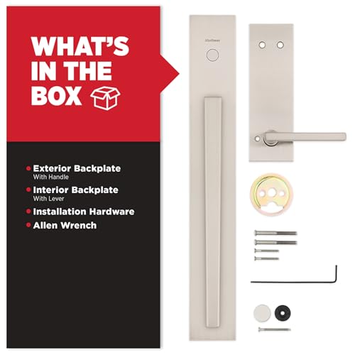 Image of Kwikset Caerus Front Door Lock Handle and Deadbolt Set, Entry Handleset Exterior with Interior Reversible Lever, Satin Nickel, Dummy Deadbolt Security, with Microban Protection