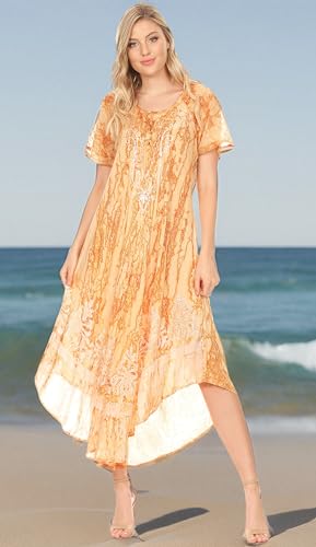 Image of Sakkas Ronny Lace Embroidered Cap Sleeve Tie Dye Wash Caftan Dress /Cover Up