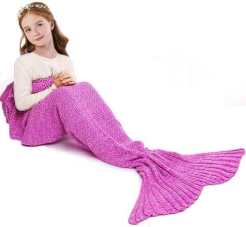 AOSUCO Mermaid Tail Blanket for Kids, Crochet Snuggle Mermaid, Handmade Crochet Blanket, Birthday Gift Present for Kids, Pink