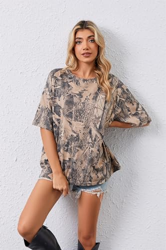 Image of MSBESYOR Camo Shirt for Women Maple Leaf Print Short Sleeve Crewneck T-Shirts Summer Oversized Tee Shirts Streetwear