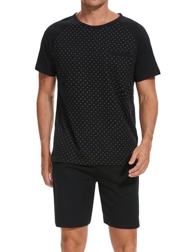 Winovia Herrpyjamas kort bomull rund hals pyjamas-set nattkläder set sommar Shorty nattkläder, svart, M