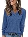 Fisoew Damen Pullover V-Ausschnitt Leicht Langarmshirt Elegant Gerippt Strickpullover Basic Sweatshirt Loose Oberteil mit Knopf,Saphirblau,L