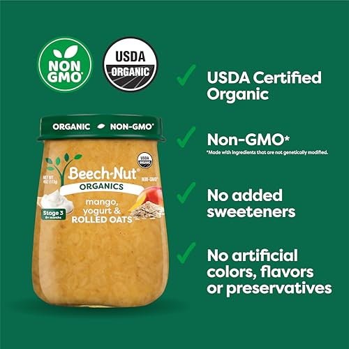 Beech-Nut Organic Baby Food Jars, Organic Mango Yogurt & Rolled Oats Puree, Stage 3 Baby Food for Babies 8 Months and Up, Non-GMO, 4oz Glass Jars, 10ct - Thumbnail 3