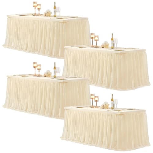 Champagne Tablecloth for 8 Foot Rectangle Tables, Ruffle Tulle Table Skirt for Rectangle Table 8ft Tables Cover Fitted Banquet Birthday Party Wedding Tablecloth Elastic Stretch