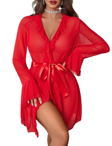 Avidlove Mesh Lingerie Robe Sets for Women Sexy Nightgown Long Sleeve Kimono Ruffle Nighty With Thong Red XL