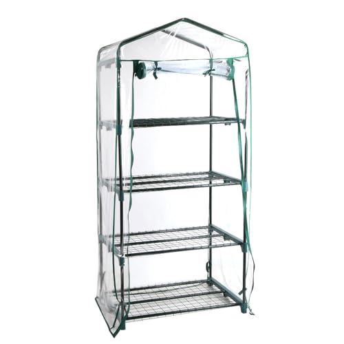 Green Fingers Mini Greenhouse, 4-Tier Frame Tunnel Green House Garden Shed Tent Gardening Supplies Plant Stand Storage, 70 x 50 x 160cm with PE Cover, Roll-up Zipper Doors, Plants Shelves