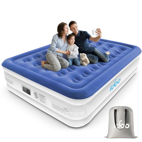 iDOO Luxury Queen Air Mattress with Built in Pump, Inflatable Mattress for Camping, Guests & Home, Comfort Blow up Mattress, Durable, Portable & Waterproof Airbed, Matelas Gonflable Double – Blue