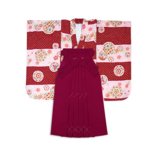 [京都室町st．] 卒業式 小学生 女の子 袴セット(袴紐下87cm身長145-153cm) 購入 ジュニア振袖 無地袴 ３点セット「エンジ＆桃、鞠」JRK1627jmr - 京都室町st． - 商品画像