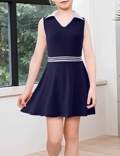 Image of Girls Tennis Dress Golf Outfit Sleeveless Athletic Dresses Polo V Neck Sport Skirt with Pockets 4-13Y