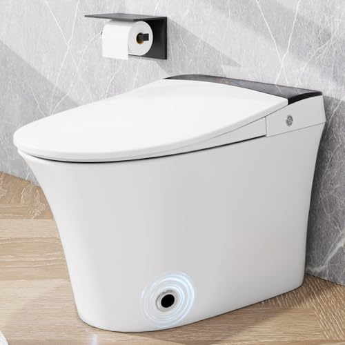 Inodoro inteligente de una pieza con asiento calefactable, sin depósito ni bidé, con descarga por sensor de pie, luz nocturna azul, control mediante perilla y descarga en apagones, tapa de cierre suave, blanco y gris miniatura 1