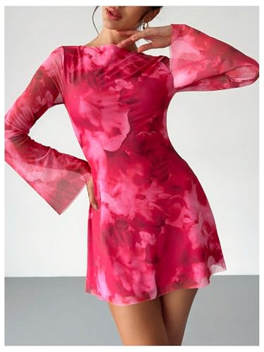 Milumia Women's Floral Bell Long Sleeve Mini Dress Boat Neck Mesh Short Dresses4