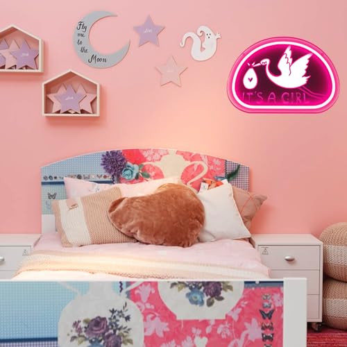 Image of It's a Girl Neon Sign Light for Wall Decor, Storks Deliver Baby Myth Dimmable Led Light Signs Neon Light for Baby Girls Bedroom Children's Room Decor Gender Reveal Party Gifts(Pink)