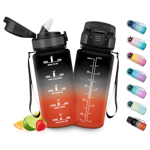 HoneyHolly Botellas de Agua para Niños 500ML, Botella Agua sin BPA con Marcador de Tiempo, Plastico Botella de Agua Deportiva Motivacional, con Pajita, Cantimplora para Colegio, Bicicleta
