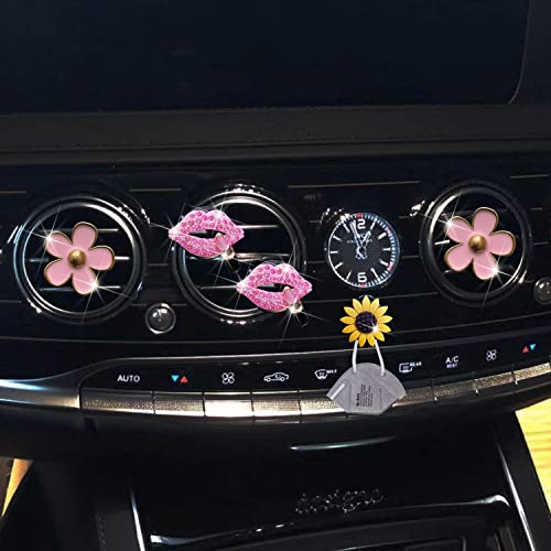 Image of Pink Lip & Daisy Air Vent Clips, 4 Pcs Bling Flower Car Air Fresheners Vents Clips Funny Car Diamond Car Interior Decor Bling Cute Car Accessories Car Decoration for Women +Sunflower Mask Hook