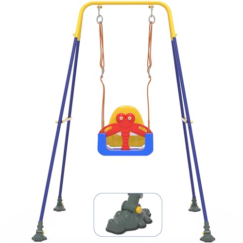 HAPPYMATY Toddler Swing, 3-in-1 Baby Swing Sets with Anti-Slip Base Feet & Safety Belt, Indoor/Outdoor Baby Seat with Metal Stand for Backyard, Easy to Assemble, Blue-Red