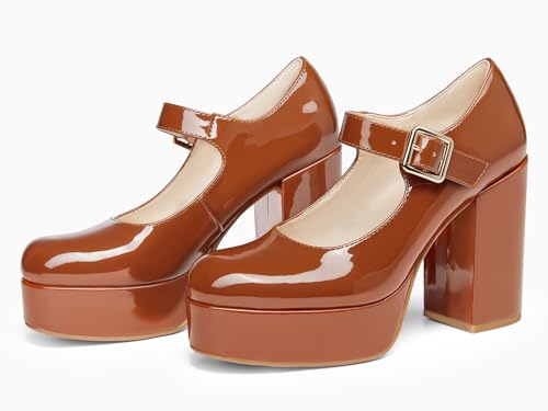 Image of Coutgo Womens' T-Strap Round Toe Chunky Platform Heels Patent Mary Jane Dress Shoes